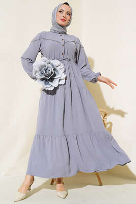 Önü Yarım Düğmeli Kat Kat Elbise Gri - Thumbnail