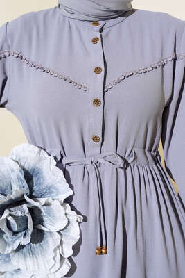 Önü Yarım Düğmeli Kat Kat Elbise Gri - Thumbnail