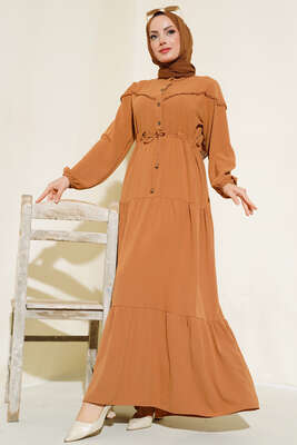 Önü Yarım Düğmeli Kat Kat Elbise Camel - Thumbnail