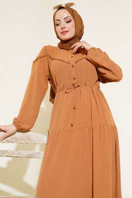 Önü Yarım Düğmeli Kat Kat Elbise Camel - Thumbnail