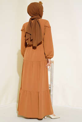 Önü Yarım Düğmeli Kat Kat Elbise Camel - Thumbnail