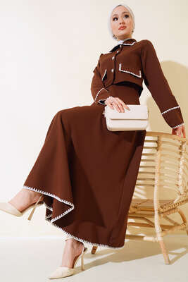 Kenarları Dikişli Ceketli İkili Takım Kahve - Thumbnail