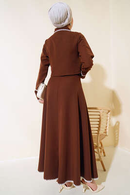 Kenarları Dikişli Ceketli İkili Takım Kahve - Thumbnail