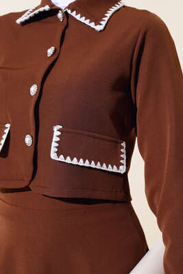 Kenarları Dikişli Ceketli İkili Takım Kahve - Thumbnail