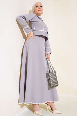 Kenarları Dikişli Ceketli İkili Takım Gri - Thumbnail