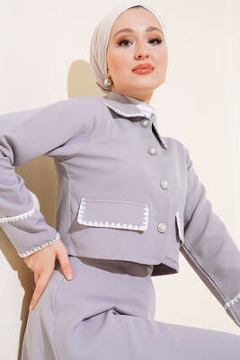 Kenarları Dikişli Ceketli İkili Takım Gri - Thumbnail