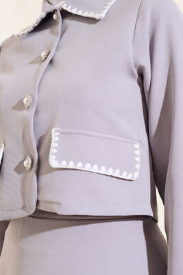 Kenarları Dikişli Ceketli İkili Takım Gri - Thumbnail