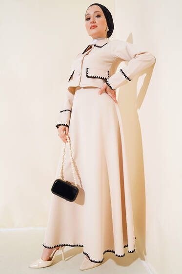 Kenarları Dikişli Ceketli İkili Takım Bej