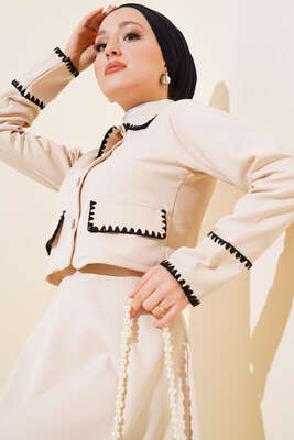 Kenarları Dikişli Ceketli İkili Takım Bej - Thumbnail