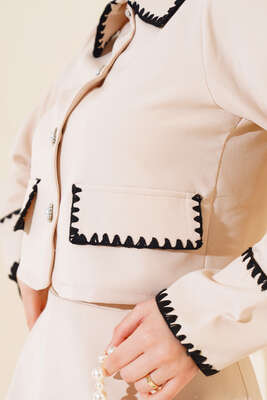 Kenarları Dikişli Ceketli İkili Takım Bej - Thumbnail