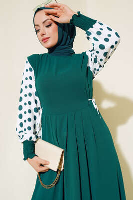 Kolları Puantiyeli Elbise Zümrüt - Thumbnail