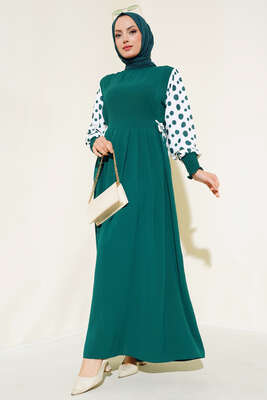 Kolları Puantiyeli Elbise Zümrüt - Thumbnail