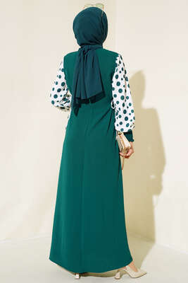 Kolları Puantiyeli Elbise Zümrüt - Thumbnail