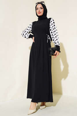 Kolları Puantiyeli Elbise Siyah - Thumbnail