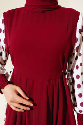 Kolları Puantiyeli Elbise Bordo - Thumbnail