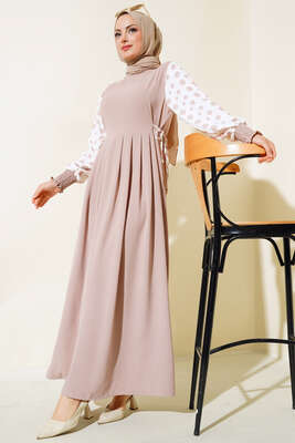 Kolları Puantiyeli Elbise Bej - Thumbnail