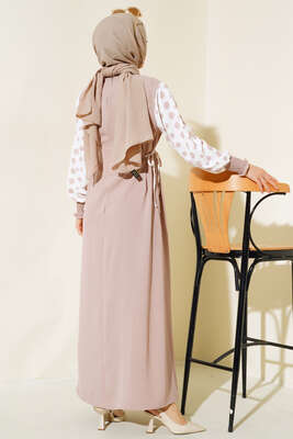 Kolları Puantiyeli Elbise Bej - Thumbnail