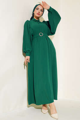 Pazarium - Balon Kol Gömlek Yaka Elbise Zümrüt