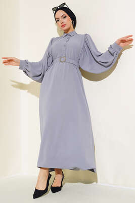 Balon Kol Gömlek Yaka Elbise Gri - Thumbnail