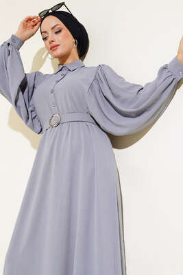 Balon Kol Gömlek Yaka Elbise Gri - Thumbnail
