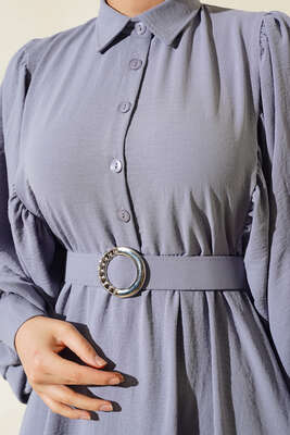 Balon Kol Gömlek Yaka Elbise Gri - Thumbnail