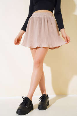 Pazarium - Piliseli Şort Etek Bej