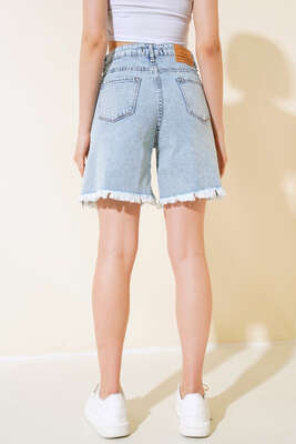 Paça Püsküllü Şort Açık Kot - Thumbnail