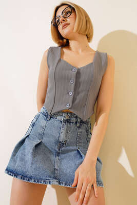 İnce Çizgili Kısa Yelek Gri - Thumbnail
