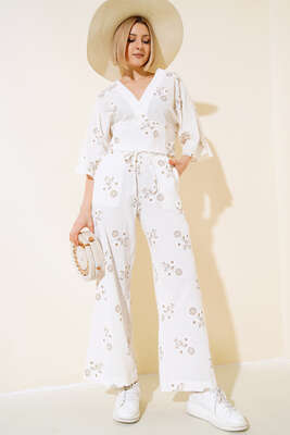 Pazarium - Yarasa Kol Nakışlı İkili Takım Ekru