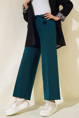 Pazarium - Kuşak Bağlamalı Dabıl Pantolon Zümrüt Yeşili