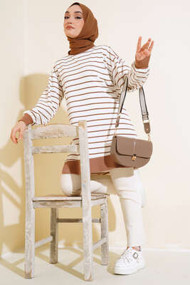 Kol Bilekleri Ribanalı Çizgili Tunik Taba - Thumbnail