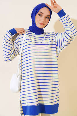 Kol Bilekleri Ribanalı Çizgili Tunik Saks - Thumbnail