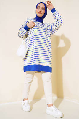 Kol Bilekleri Ribanalı Çizgili Tunik Saks - Thumbnail