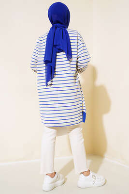 Kol Bilekleri Ribanalı Çizgili Tunik Saks - Thumbnail