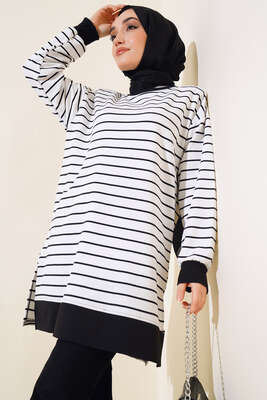 Kol Bilekleri Ribanalı Çizgili Tunik Beyaz - Thumbnail