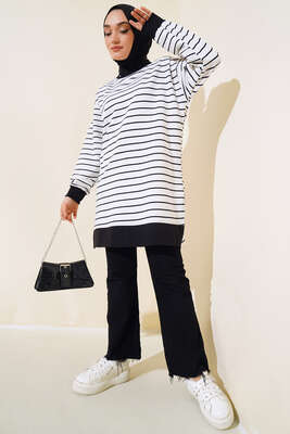 Kol Bilekleri Ribanalı Çizgili Tunik Beyaz - Thumbnail