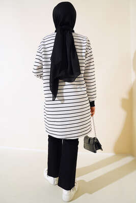 Kol Bilekleri Ribanalı Çizgili Tunik Beyaz - Thumbnail