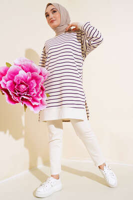 Yanları Yırtmaçlı Çizgili Tunik Mor - Thumbnail