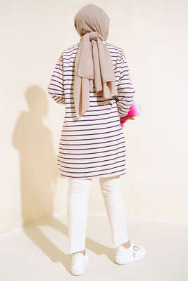 Yanları Yırtmaçlı Çizgili Tunik Mor - Thumbnail