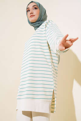 Yanları Yırtmaçlı Çizgili Tunik Mint - Thumbnail