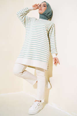 Yanları Yırtmaçlı Çizgili Tunik Mint - Thumbnail