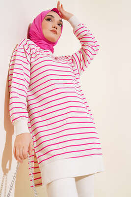 Yanları Yırtmaçlı Çizgili Tunik Fuşya - Thumbnail