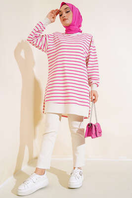 Yanları Yırtmaçlı Çizgili Tunik Fuşya - Thumbnail