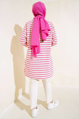 Yanları Yırtmaçlı Çizgili Tunik Fuşya - Thumbnail