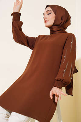 Kolu Taş Süslemeli Tunik Kahve - Thumbnail