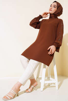 Kolu Taş Süslemeli Tunik Kahve - Thumbnail