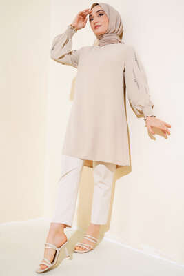 Kolu Taş Süslemeli Tunik Bej - Thumbnail