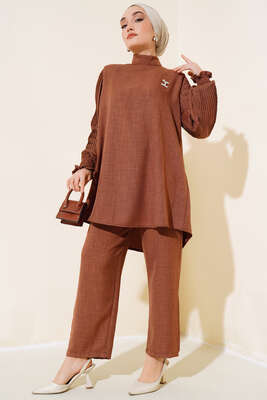 Pazarium - Kolları Piliseli Keten İkili Takım Kahve