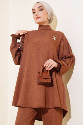 Kolları Piliseli Keten İkili Takım Kahve - Thumbnail