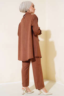 Kolları Piliseli Keten İkili Takım Kahve - Thumbnail